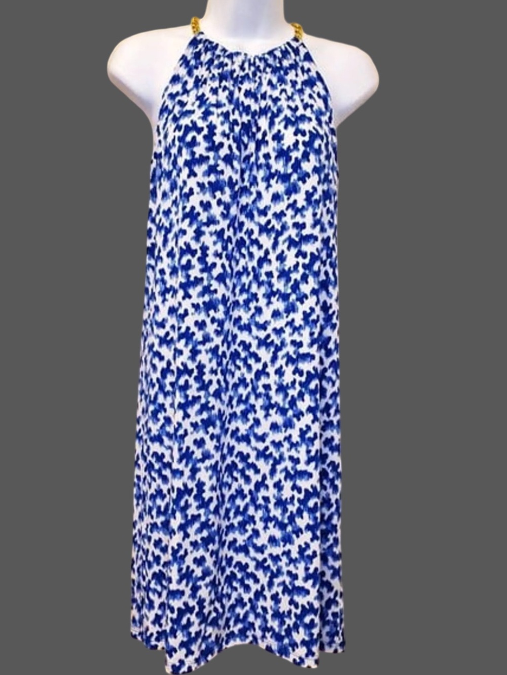 Michael Kors Blue and White Halter Dress with Gold Chain Detail